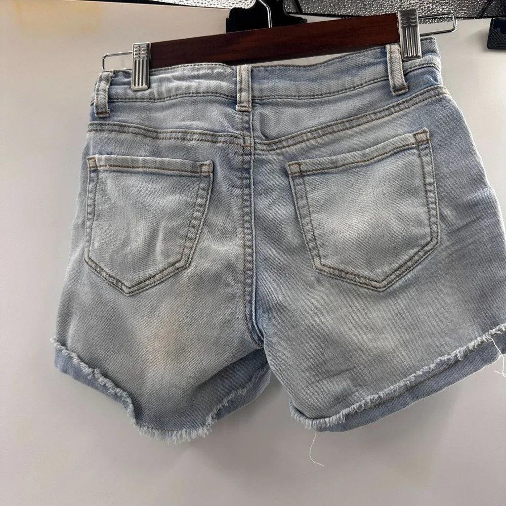 Distressed Light Blue Denim Shorts Vanilla Star Mid Rise Midi Length Jean Size 0